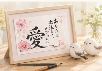 愛の文字を添えた額入り筆アート